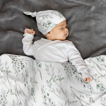 Personalised Baby Swaddle & Beanie Set - Botanical