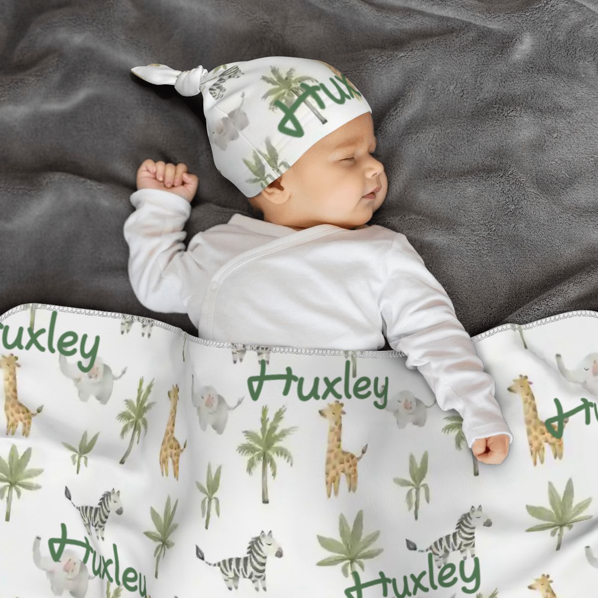 Personalised Baby Swaddle & Beanie Set - Safari