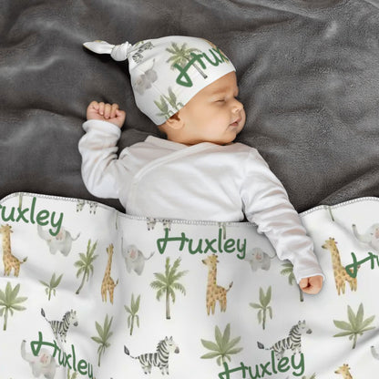 Personalised Baby Swaddle & Beanie Set - Safari