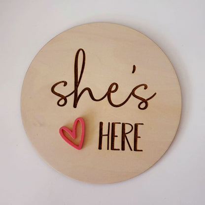 she's here heart birth annoucement