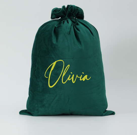 Green sack with name Olivia