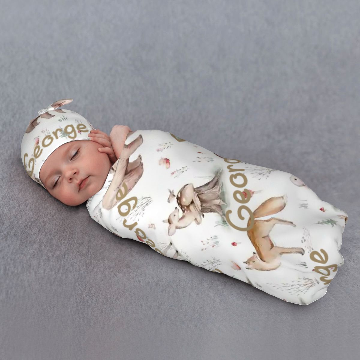Personalised Baby Swaddle & Beanie Set - Woodlands