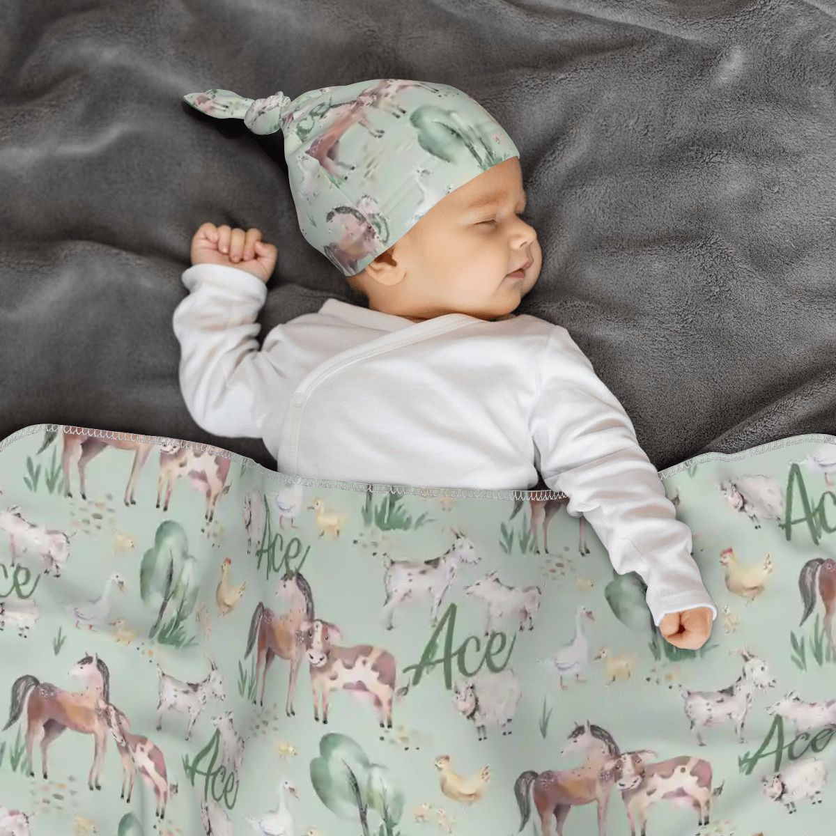 Personalised Baby Swaddle & Beanie Set - Farm