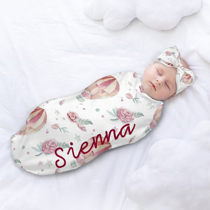 Personalised Baby Swaddle & Headband Set - Pink Hot Air Balloon