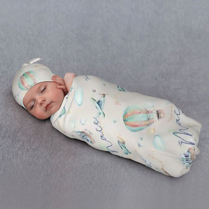 Personalised Baby Swaddle & Beanie Set - Flight