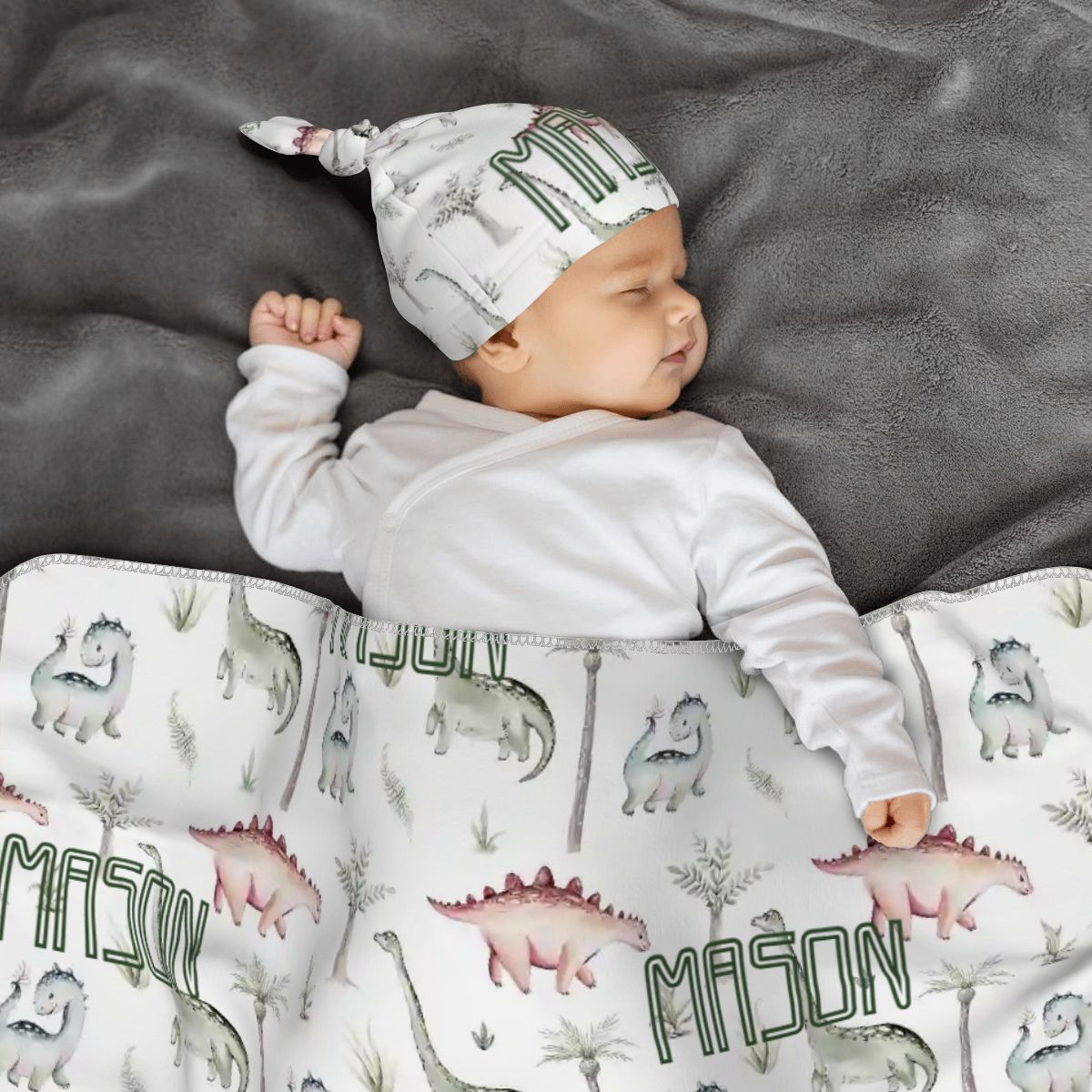 Personalised Baby Swaddle & Beanie Set - Dino