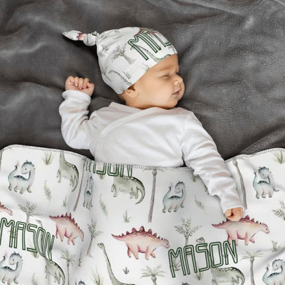 Personalised Baby Swaddle & Beanie Set - Dino