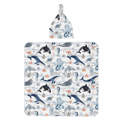 Personalised Baby Swaddle & Beanie Set - Ocean