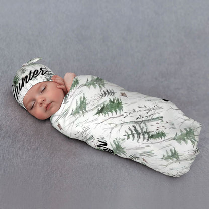 Personalised Baby Swaddle & Beanie Set - Forest