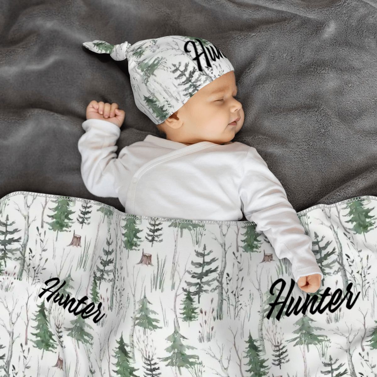 Personalised Baby Swaddle & Beanie Set - Forest