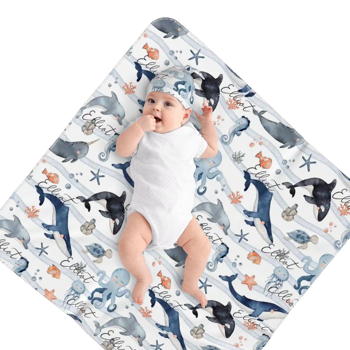 Personalised Baby Swaddle & Beanie Set - Ocean