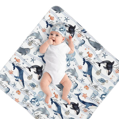 Personalised Baby Swaddle & Beanie Set - Ocean