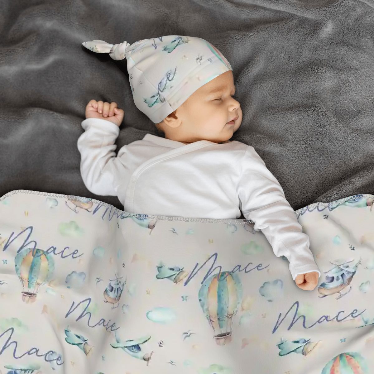 Personalised Baby Swaddle & Beanie Set - Flight