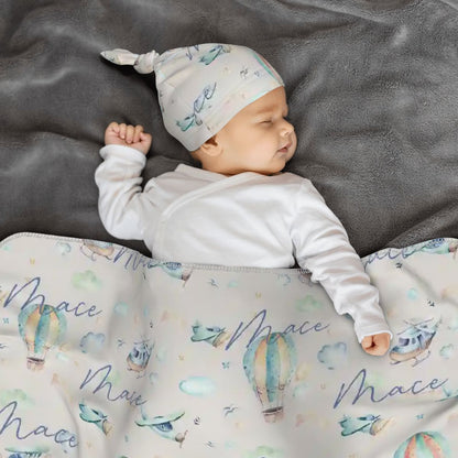 Personalised Baby Swaddle & Beanie Set - Flight