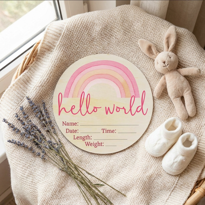 Hello World Pink Rainbow Wooden Birth Disc