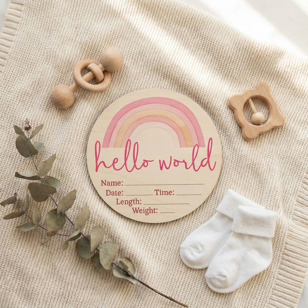 Hello World Pink Rainbow Wooden Birth Disc