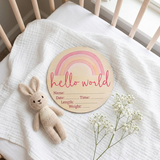 Hello World Pink Rainbow Wooden Birth Disc