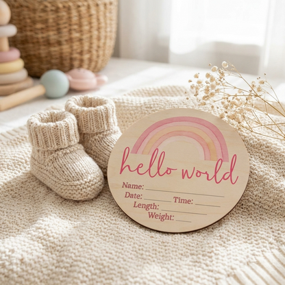 Hello World Pink Rainbow Wooden Birth Disc