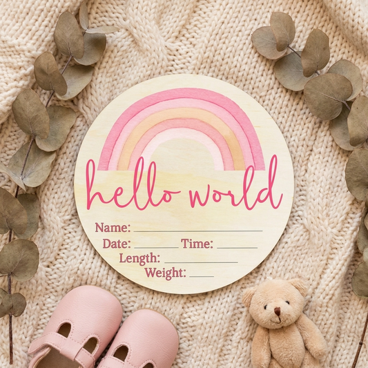 Hello World Pink Rainbow Wooden Birth Disc