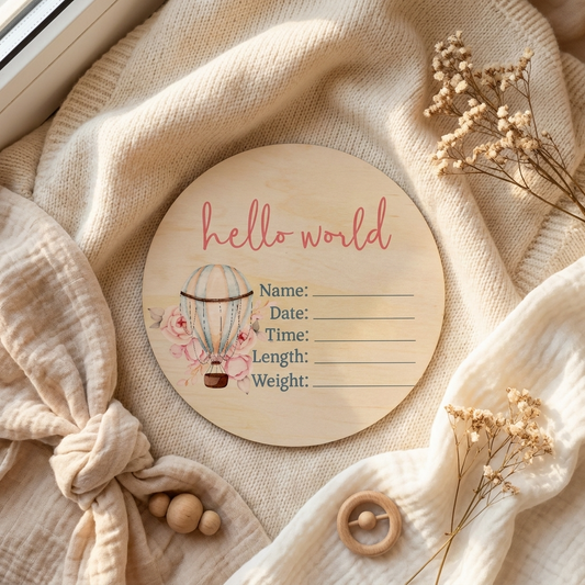 Pink Hot Air Balloon Wooden Birth Disc