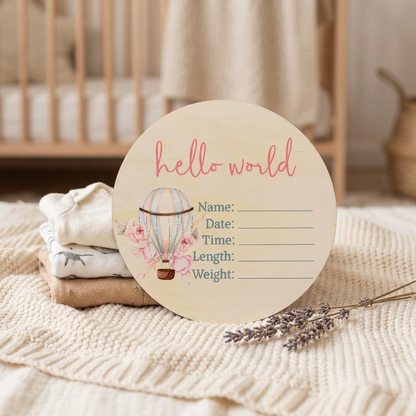 Pink Hot Air Balloon Wooden Birth Disc