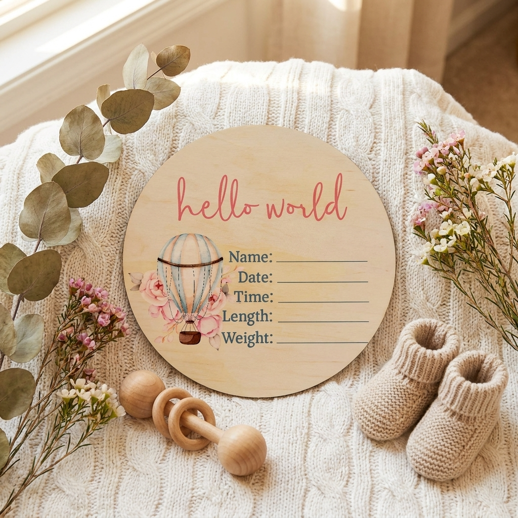 Pink Hot Air Balloon Wooden Birth Disc