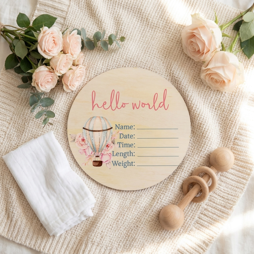 Pink Hot Air Balloon Wooden Birth Disc