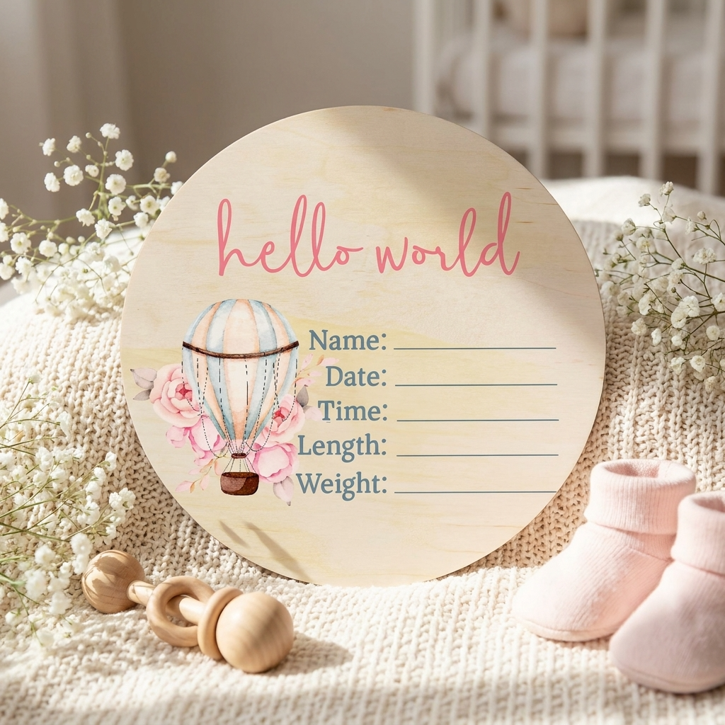Pink Hot Air Balloon Wooden Birth Disc