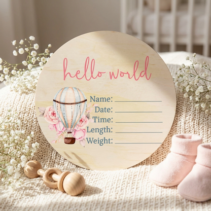 Pink Hot Air Balloon Wooden Birth Disc