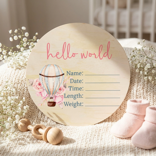 Pink Hot Air Balloon Wooden Birth Disc