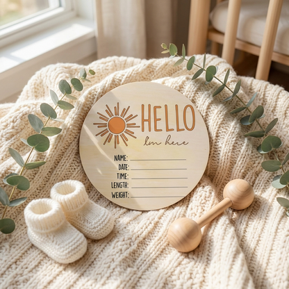 Hello I'm Here Sun Wooden Birth Disc