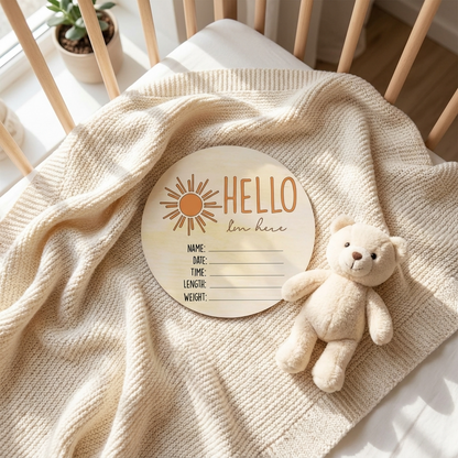 Hello I'm Here Sun Wooden Birth Disc