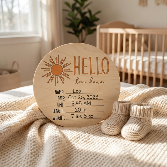 Hello I'm Here Sun Wooden Birth Disc