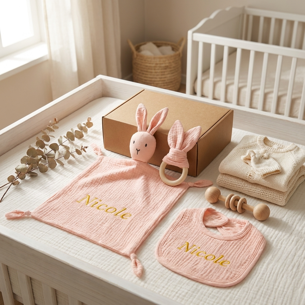 4-Piece Personalised Newborn Gift Set – Muslin Cotton Essentials