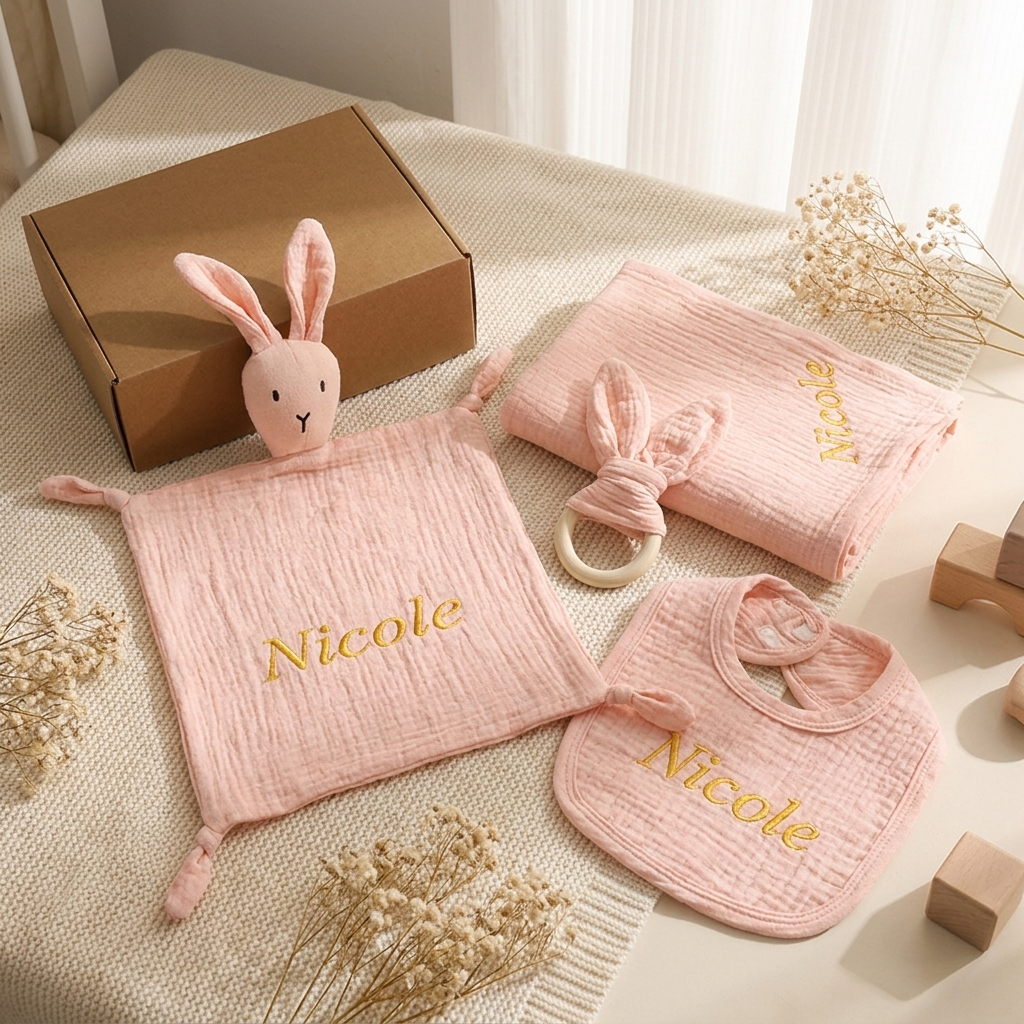 4-Piece Personalised Newborn Gift Set – Muslin Cotton Essentials