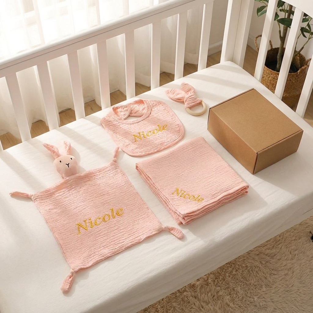 4-Piece Personalised Newborn Gift Set – Muslin Cotton Essentials