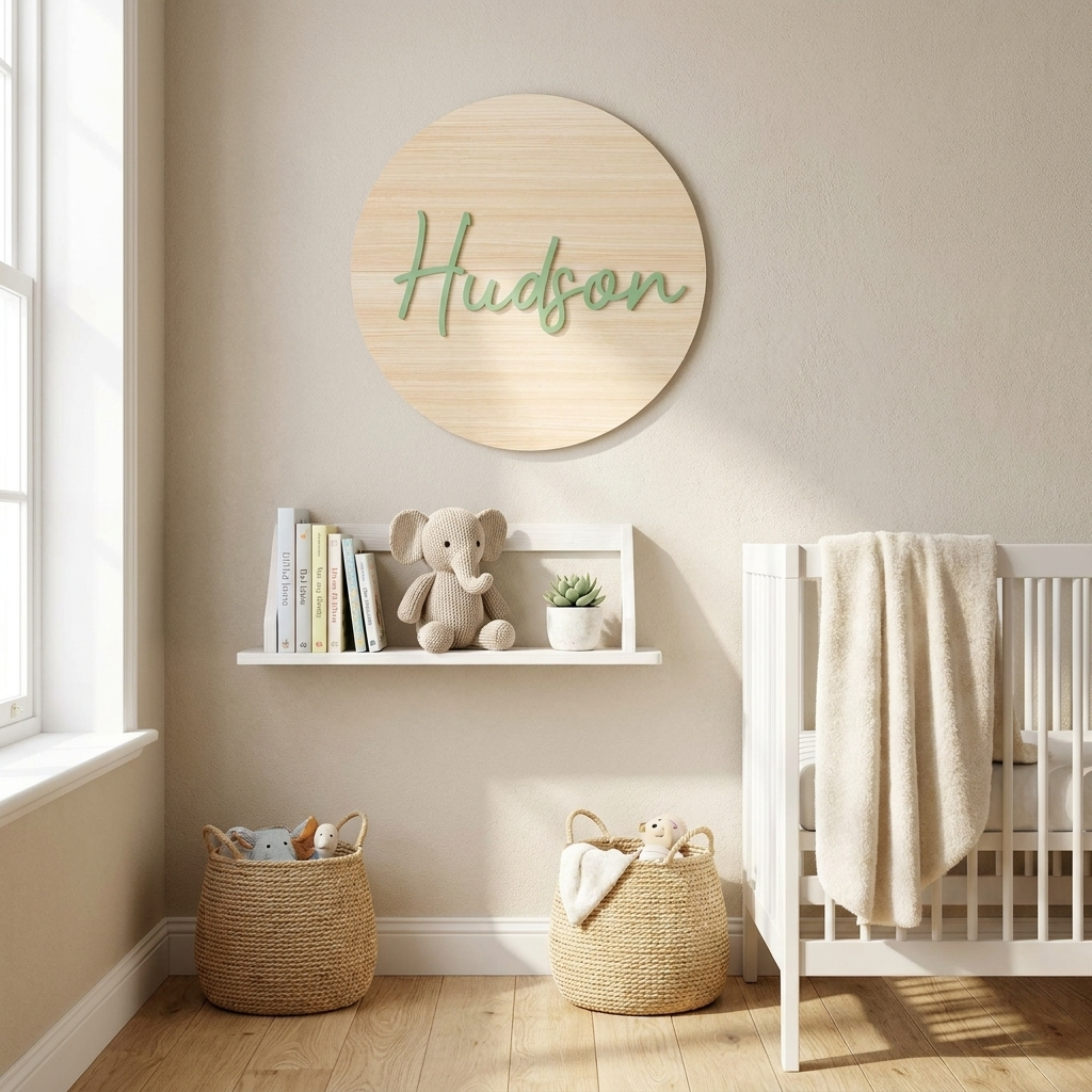 Personalised Wooden Round Name Sign for Nursery Décor