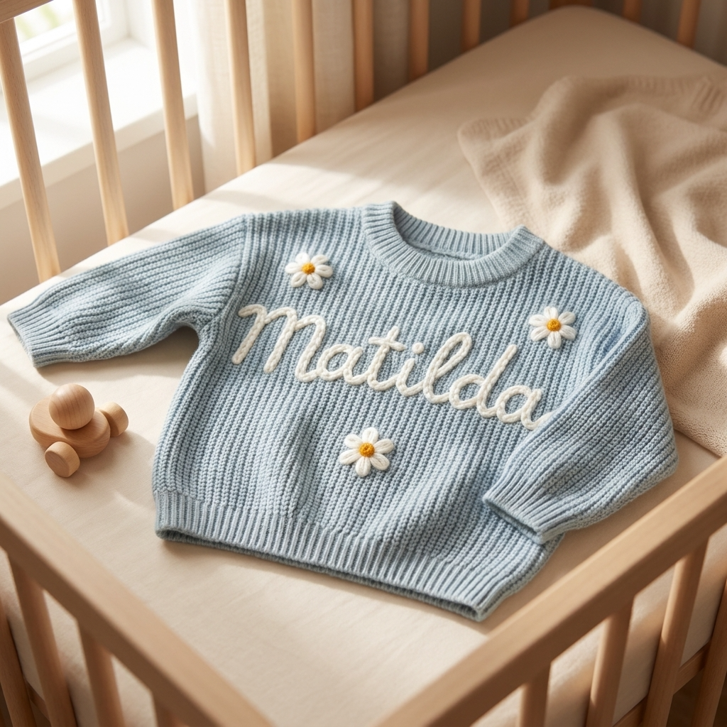 Personalised Embroided Cotton Baby Sweater - Blue Daisy