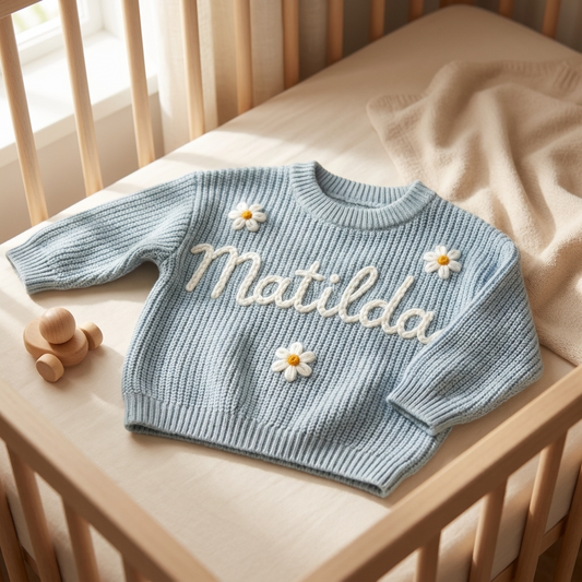 Personalised Embroided Cotton Baby Sweater - Blue Daisy