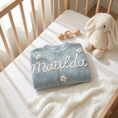 Personalised Embroided Cotton Baby Sweater - Blue Daisy
