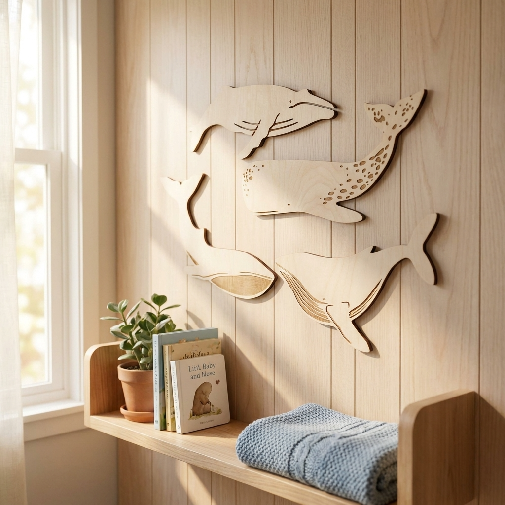 Large Whale Decals Natural Wood