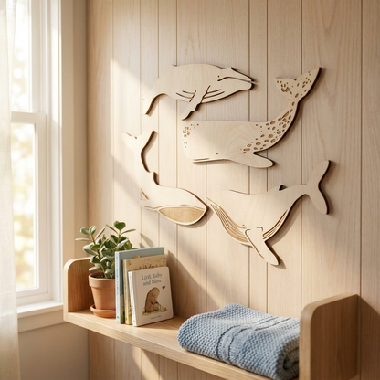 Large Whale Decals Natural Wood