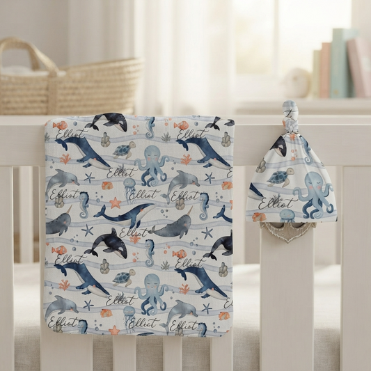 Personalised Baby Swaddle & Beanie Set - Ocean