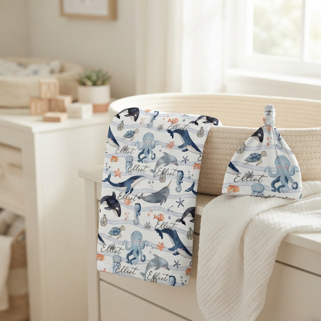 Personalised Baby Swaddle & Beanie Set - Ocean