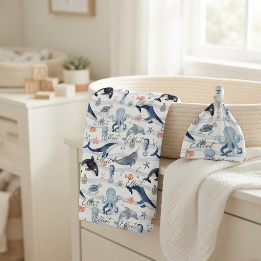Personalised Baby Swaddle & Beanie Set - Ocean
