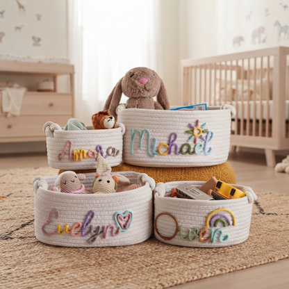 Personalised Hand Embroidered Baby Name Basket