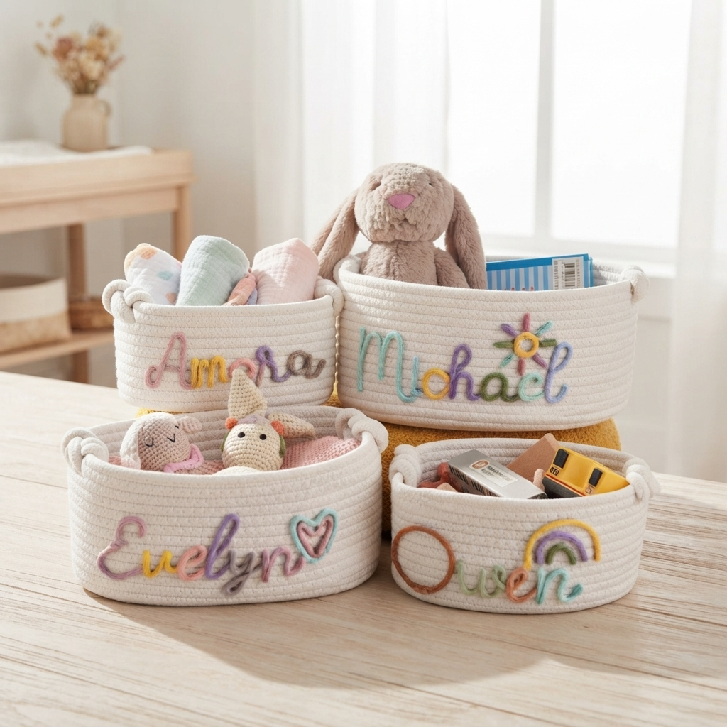 Personalised Hand Embroidered Baby Name Basket