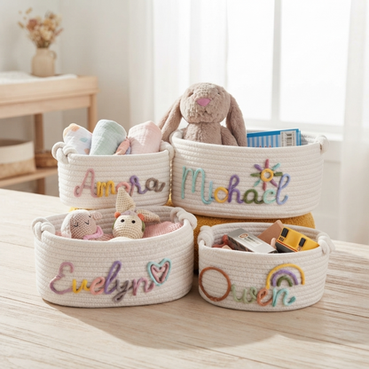 Personalised Hand Embroidered Baby Name Basket