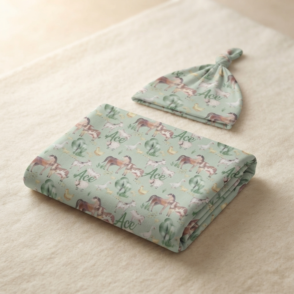 Personalised Baby Swaddle & Beanie Set - Farm