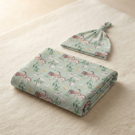 Personalised Baby Swaddle & Beanie Set - Farm